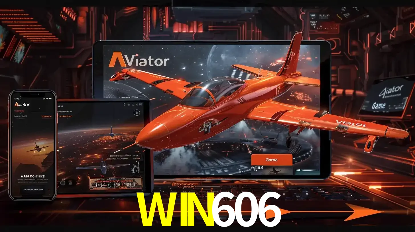 Apresentação tecnológica do jogo Aviator com um avião saindo da tela de um tablet, demonstrando a experiência imersiva em múltiplos dispositivos no WIN606.