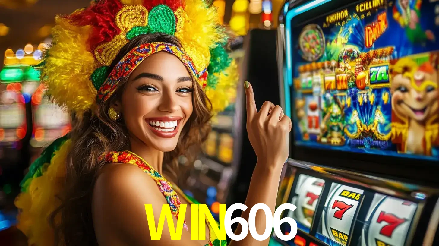 Mulher animada com um cocar de carnaval apontando para uma máquina de caça-níqueis, mostrando a emoção de ganhar um grande prêmio nos jogos do WIN606.