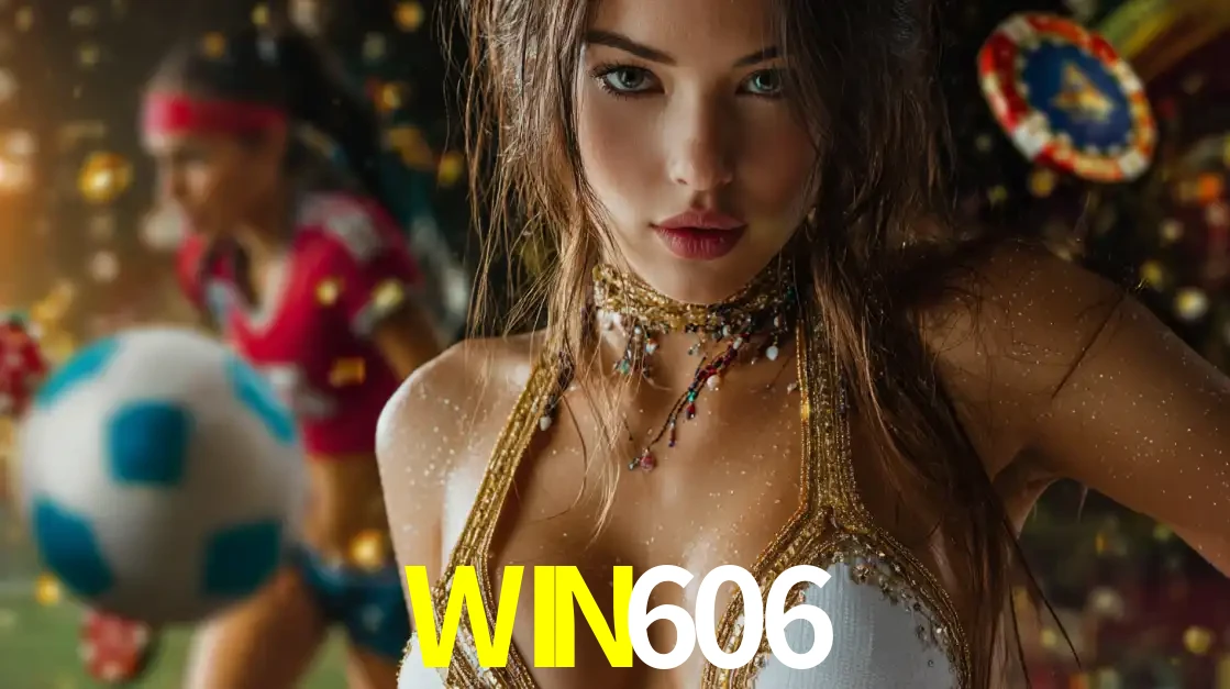 Mulher elegante representando a combinação de glamour e emoção das apostas esportivas, com uma jogadora de futebol ao fundo, destacando a ação no WIN606.