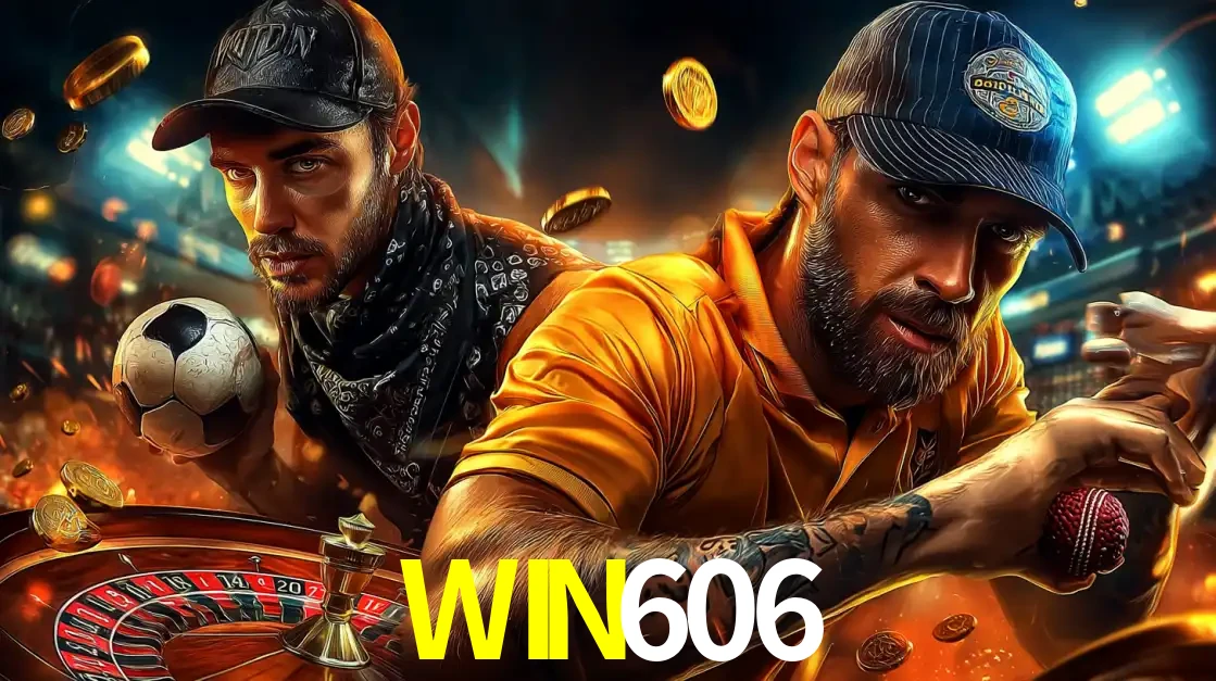 Montagem de apostas esportivas e cassino no WIN606, com um homem segurando uma bola de futebol e outro uma de beisebol sobre uma roleta e moedas voadoras.