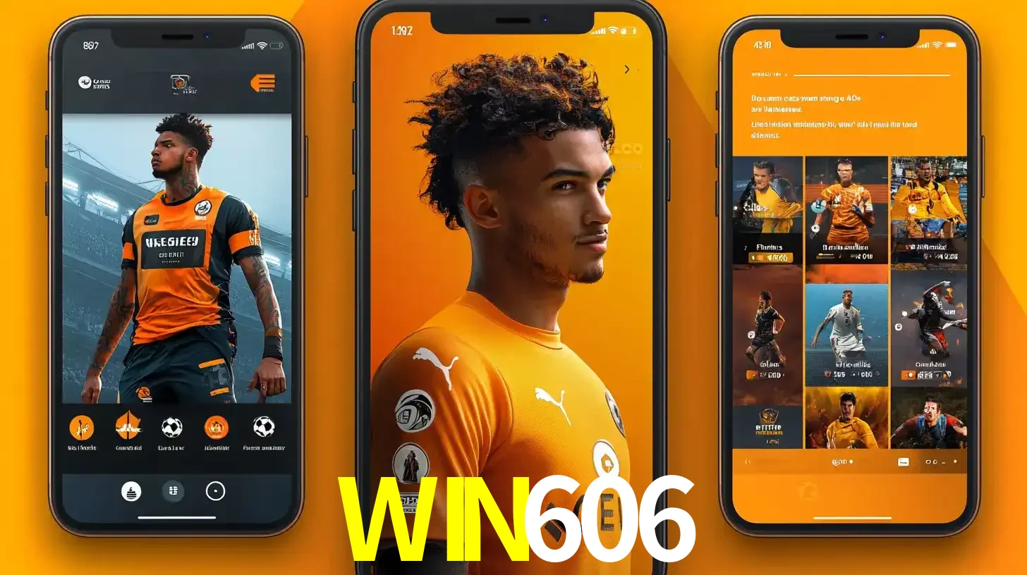 Interface do aplicativo de apostas esportivas WIN606 em três telas de celular, mostrando o perfil de um jogador de futebol e a lista de jogos disponíveis para apostar.