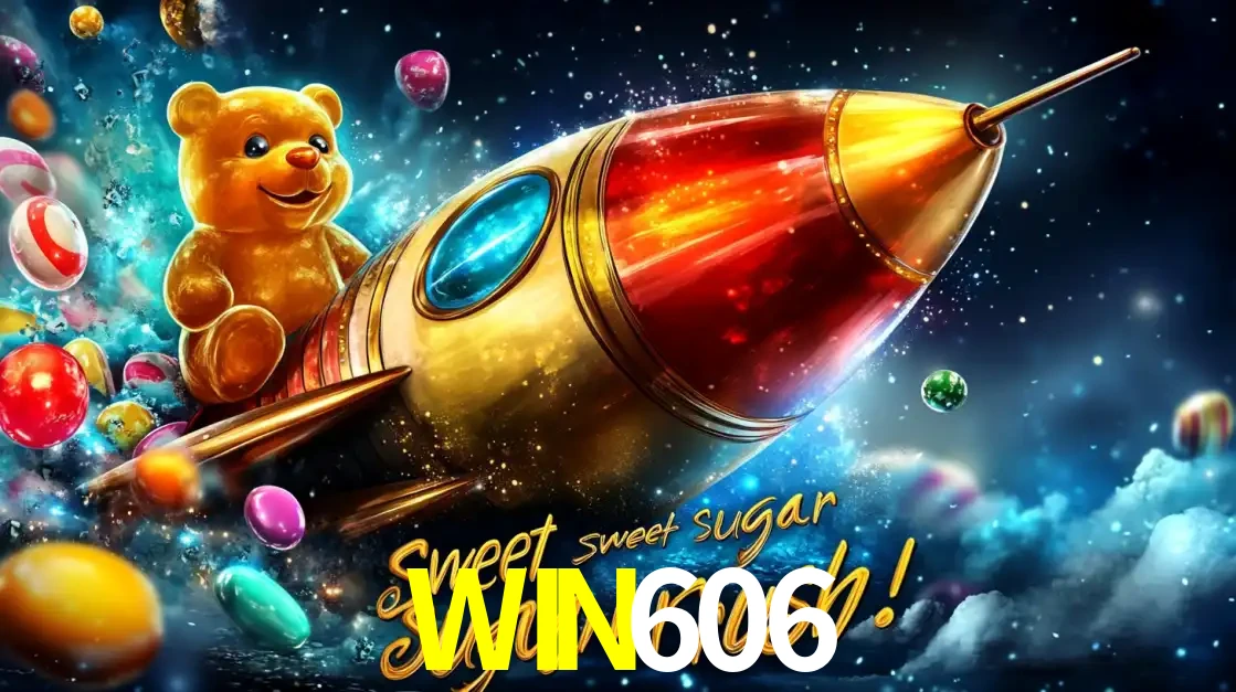 Arte promocional do jogo de slot Sugar Rush, com um urso de pelúcia em um foguete viajando pelo espaço de doces, um dos jogos divertidos disponíveis no cassino WIN606.