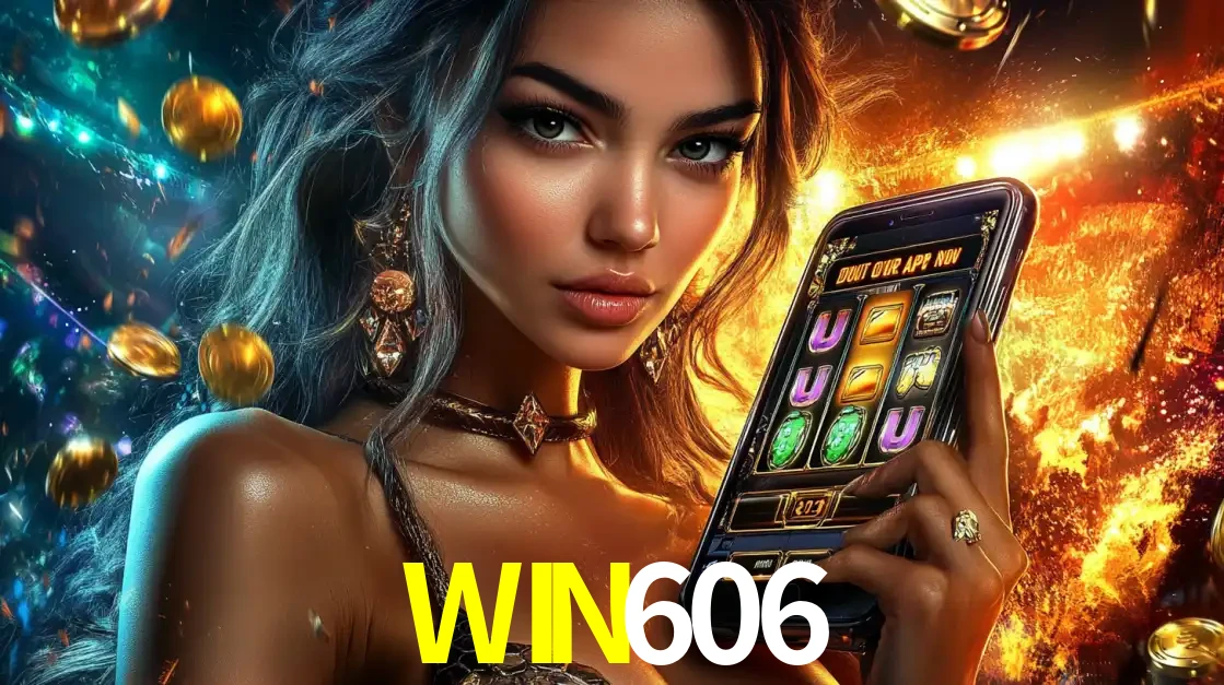 Mulher elegante mostrando um jogo de caça-níqueis em seu smartphone, destacando a experiência de cassino móvel oferecida pelo aplicativo WIN606.