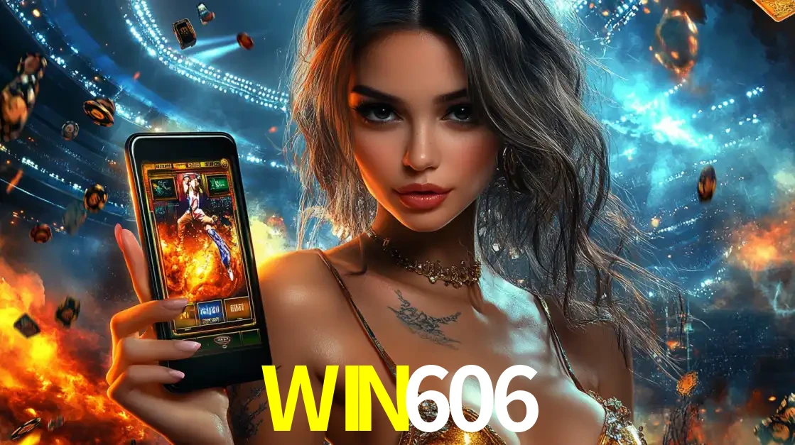 Mulher segurando um celular com um jogo de slot em destaque, tendo como fundo um estádio vibrante, simbolizando a emoção de jogar no cassino móvel WIN606.